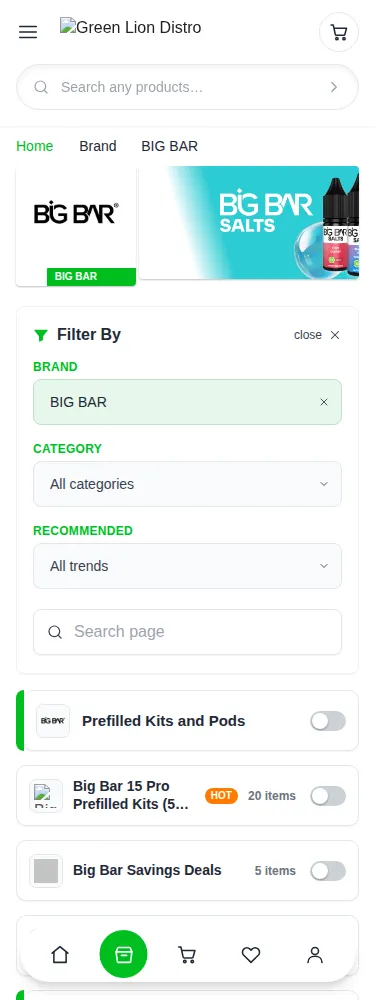 Mobile brand page with filters open